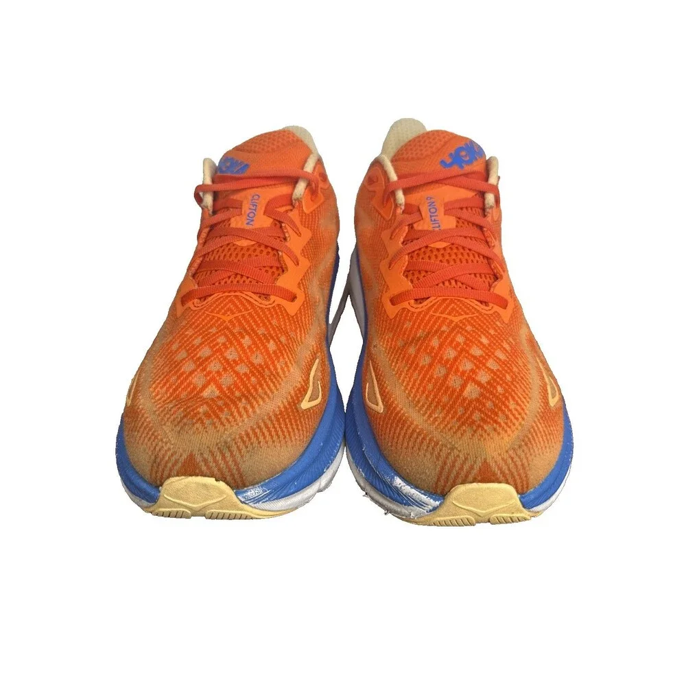 Hoka One One Clifton 9 Impala Orange Blue Mens Size 12.5 D Athletic Shoes